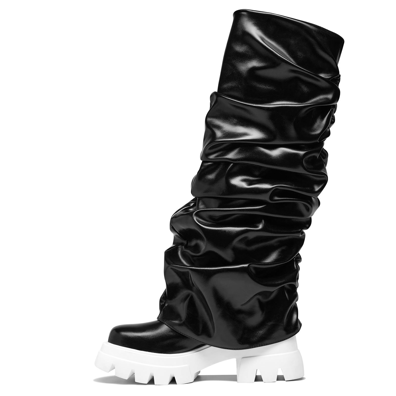 Women's Platform Round Toe Fold Over Boots Metallic Mid Calf Boots