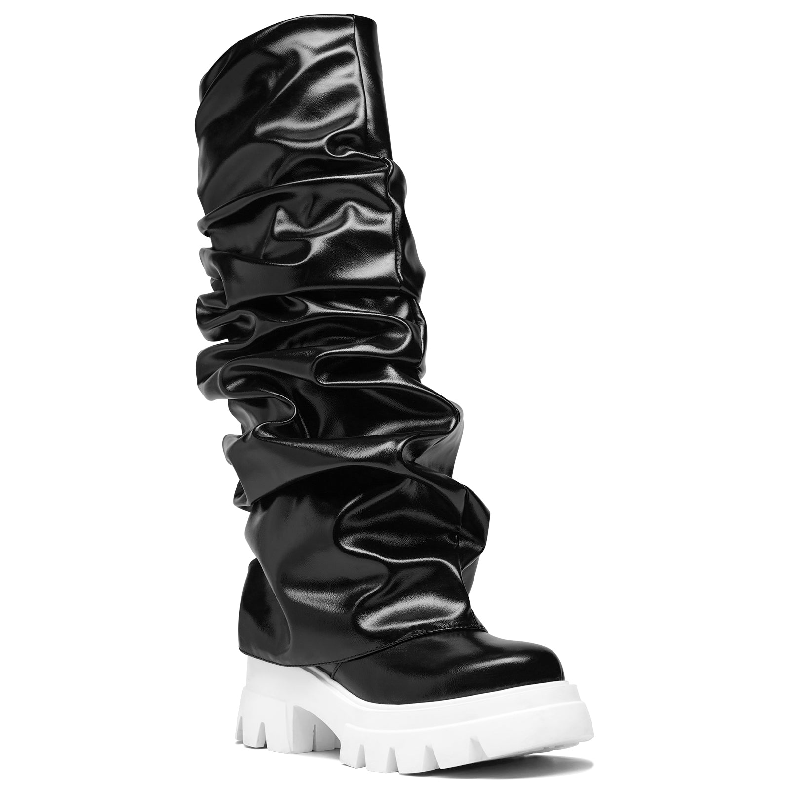 Women's Platform Round Toe Fold Over Boots Metallic Mid Calf Boots