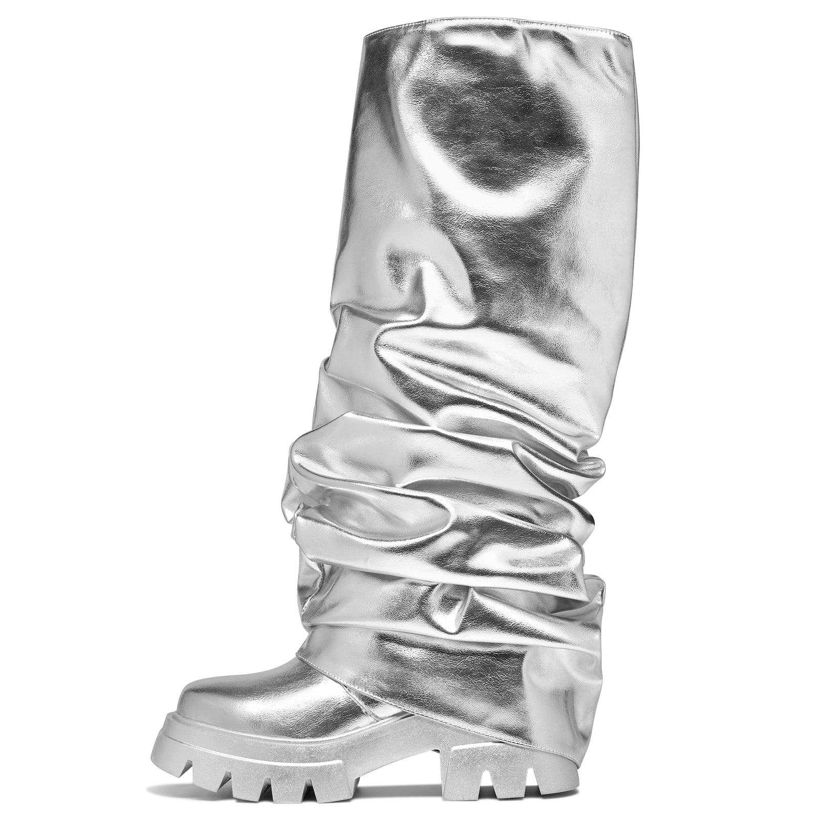 Women's Platform Round Toe Fold Over Boots Metallic Mid Calf Boots