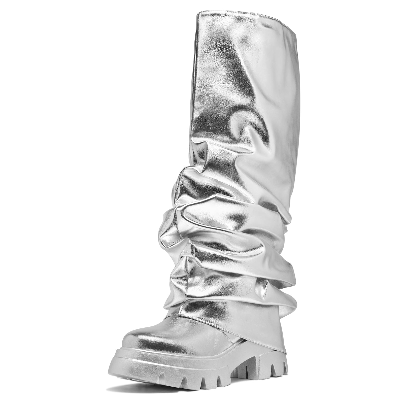 Women's Platform Round Toe Fold Over Boots Metallic Mid Calf Boots