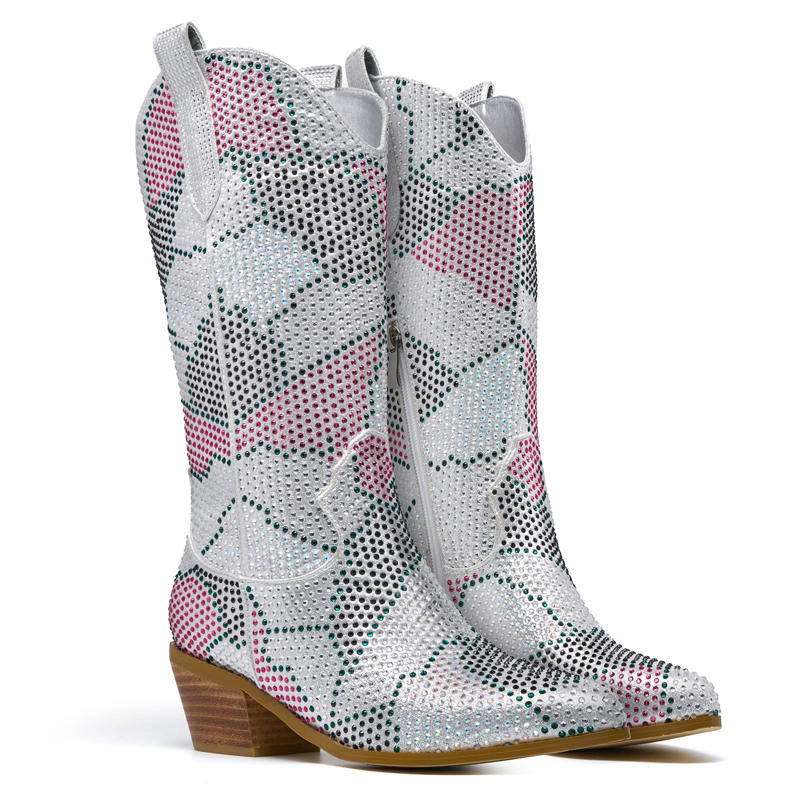 Rhinestones Western Chunky Stack Heel Mid Calf Boots