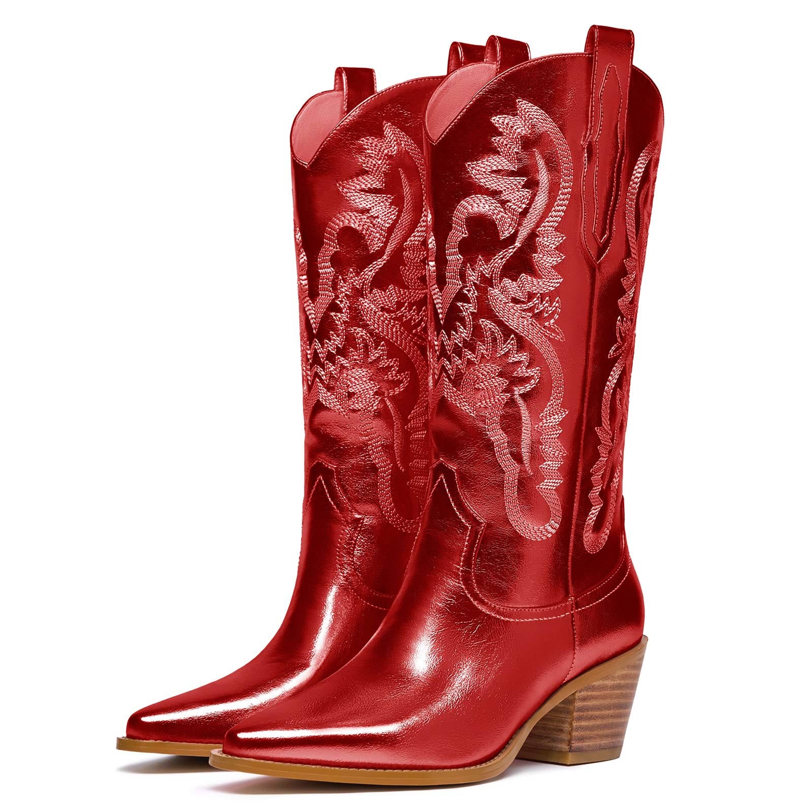 Western Embroidered Metallic Cowboy Mid Calf Boots