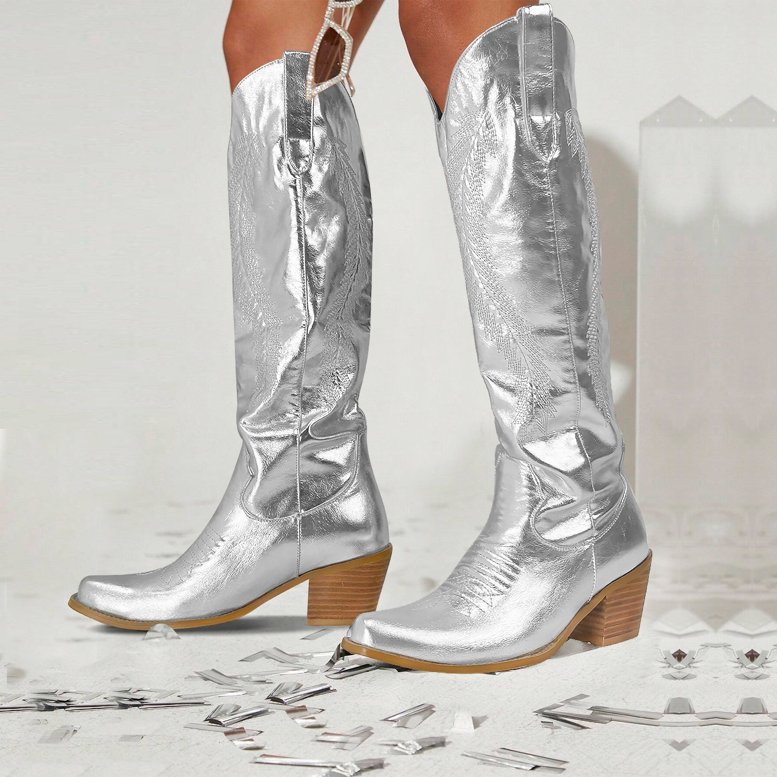Feather Embroidered Metallic Knee High Cowboy Boots
