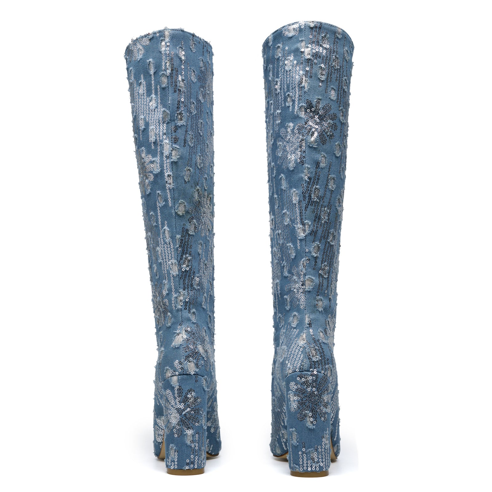 Women's Chunky Blue Jean Denim Knee High Boots
