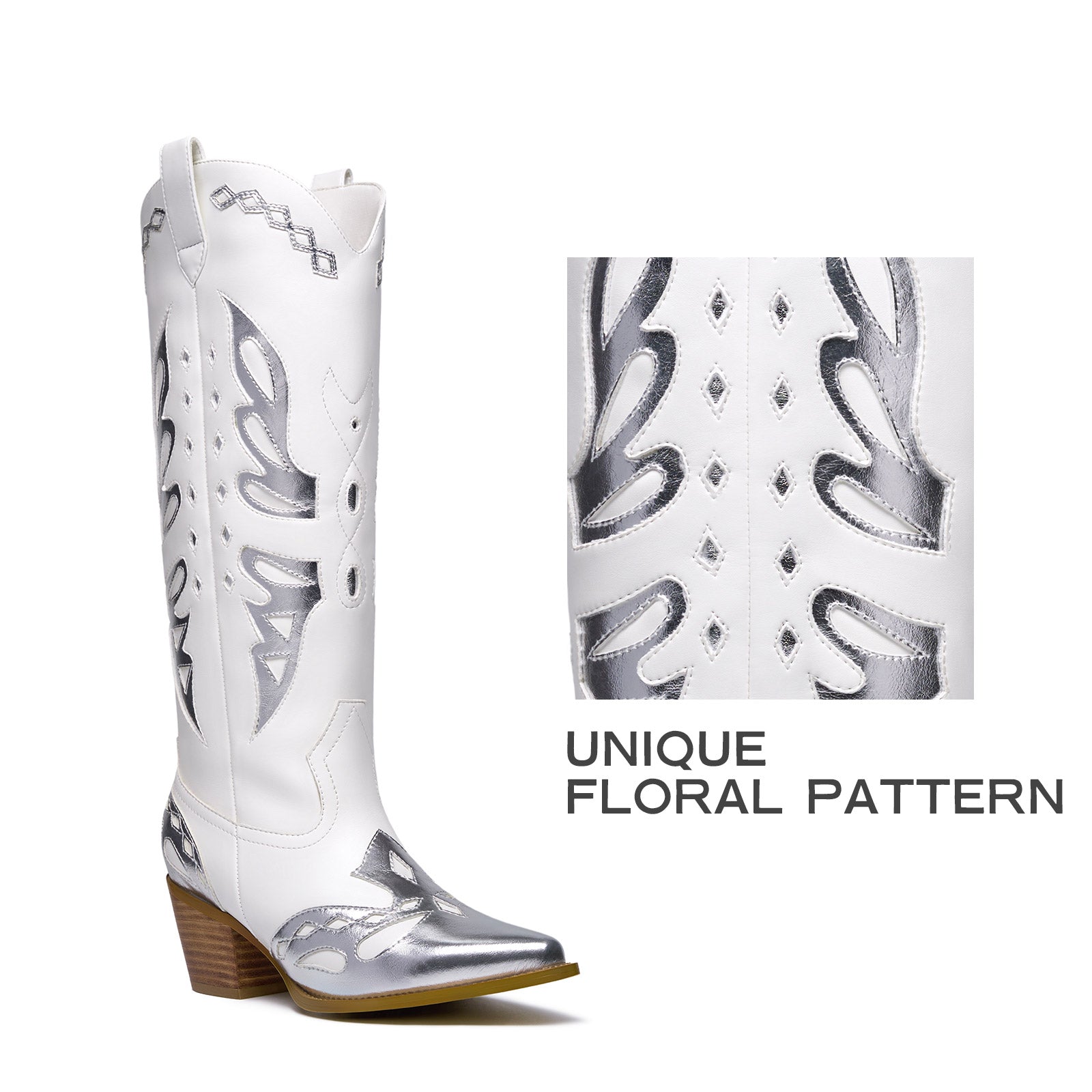 Embellished Butterfly Silver Metallic Cowboy Knee High Boots
