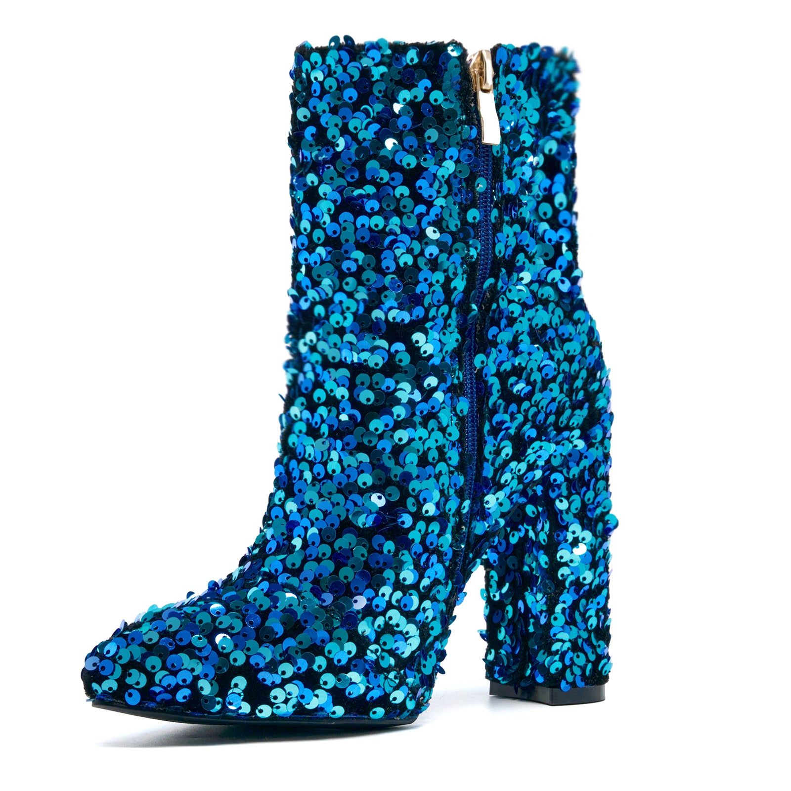 Women's Sequins Glitter Ankle Boots Navy Blue Chunky High Heels Booties