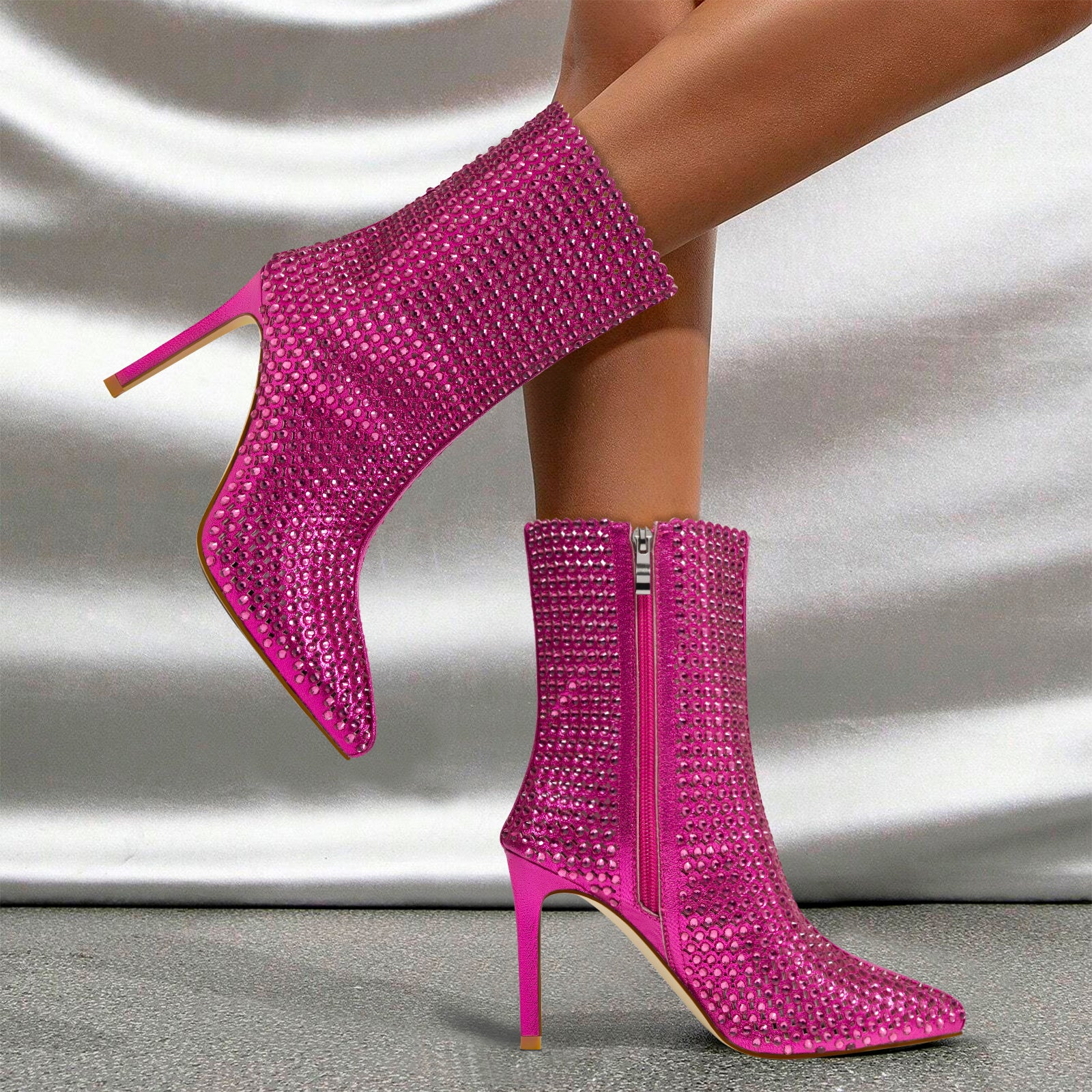 Women's Rhinestone Boots Stiletto High Heels Pointed Toe Sparkly Ankle Boots