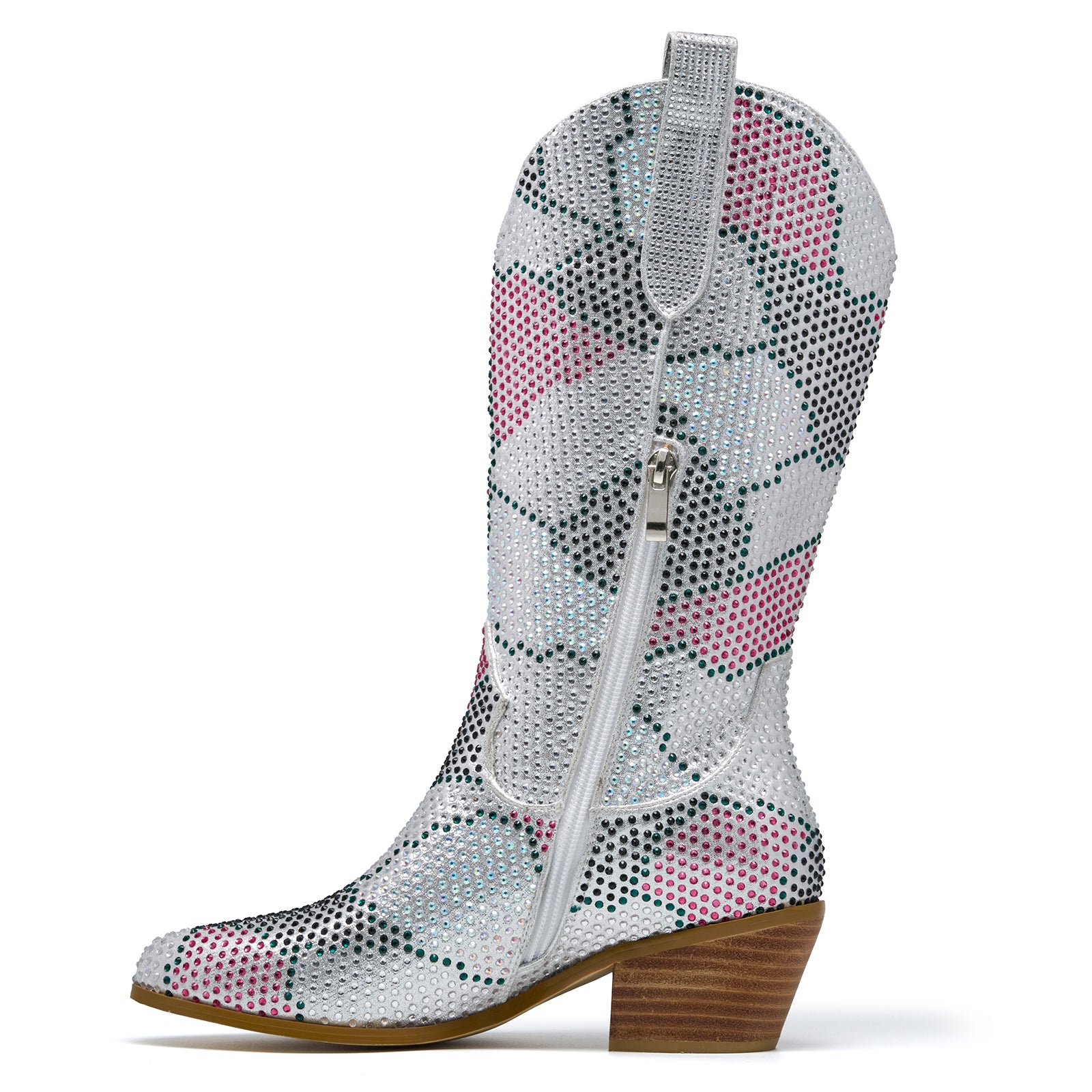 Rhinestones Western Chunky Stack Heel Mid Calf Boots