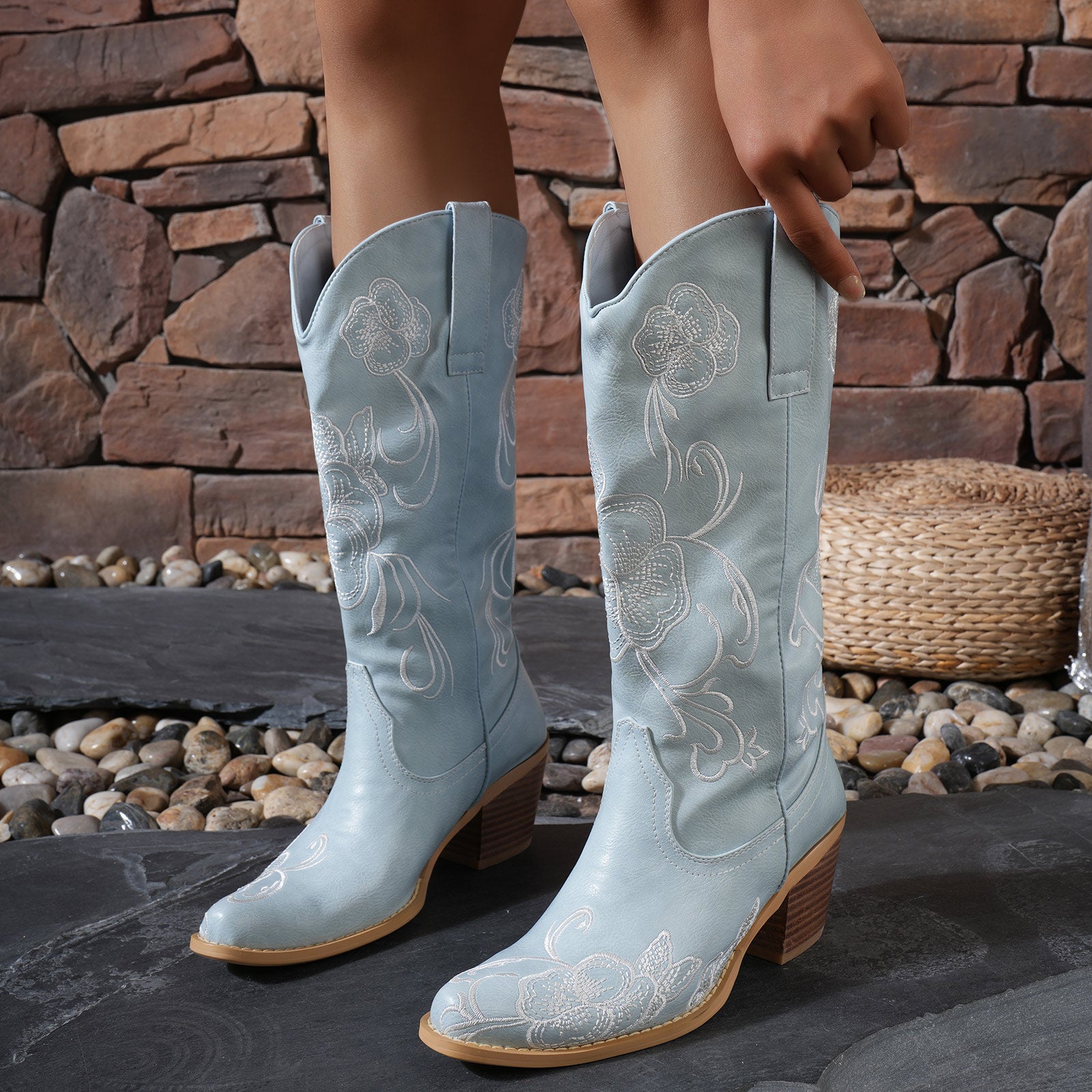 Women's Floral Embroidered Cowboy Mid Calf Boot Chunky Cowgirl Boots