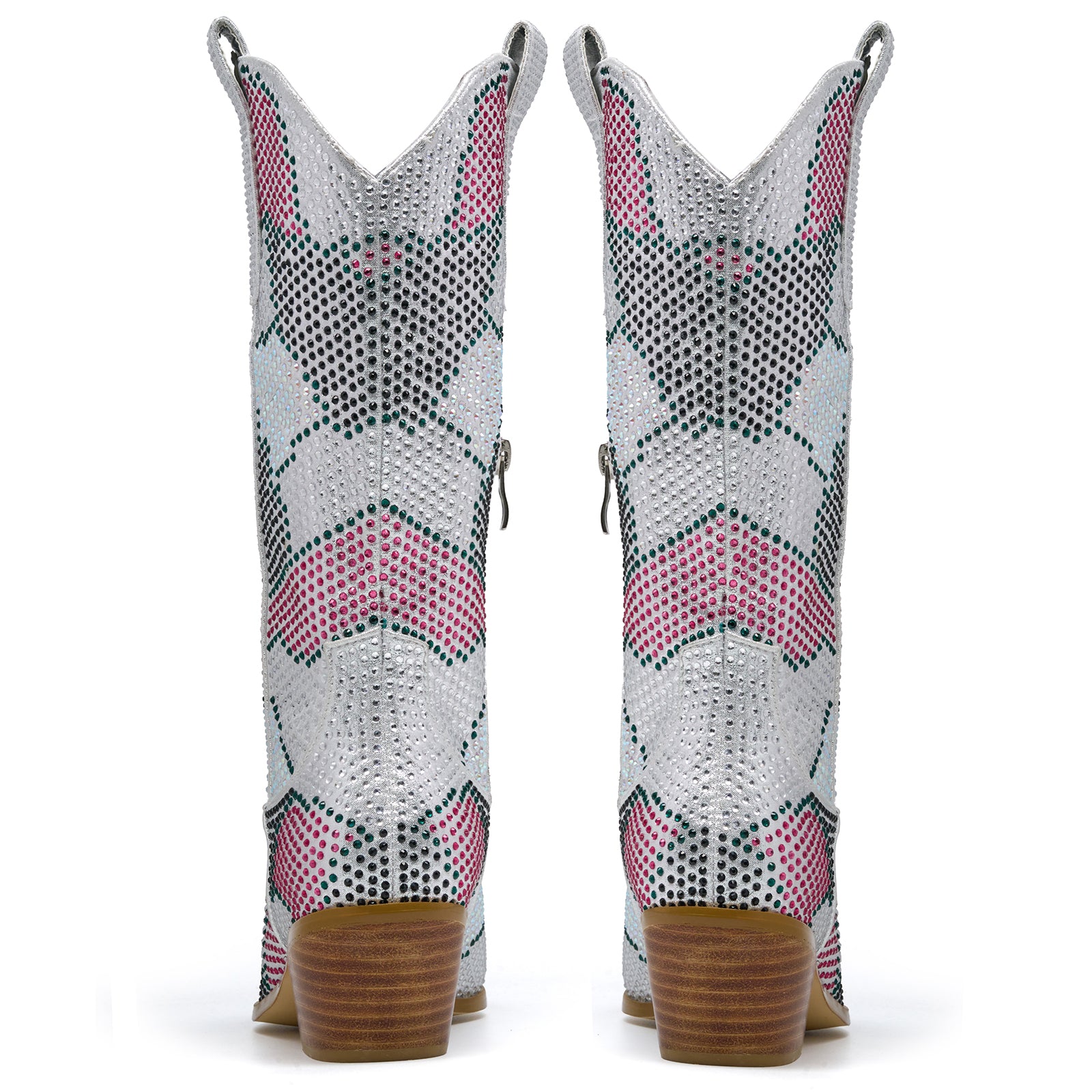 Rhinestones Western Chunky Stack Heel Mid Calf Boots