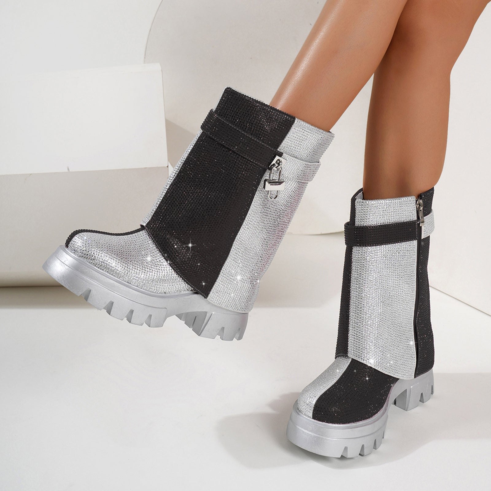 Women's Rhinestone Ankle Round Toe Mid-calf Fold Over Platform Boots
