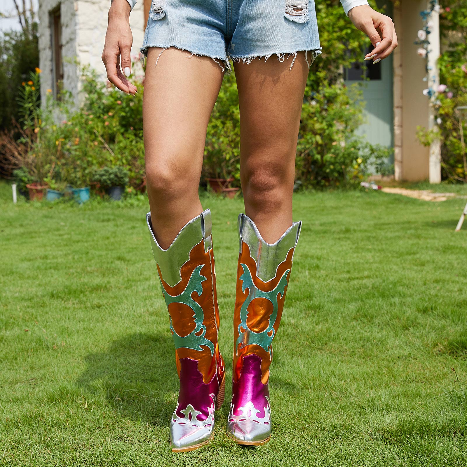 Multicolor Metallic Cowboy Knee High Cowgirl Boots