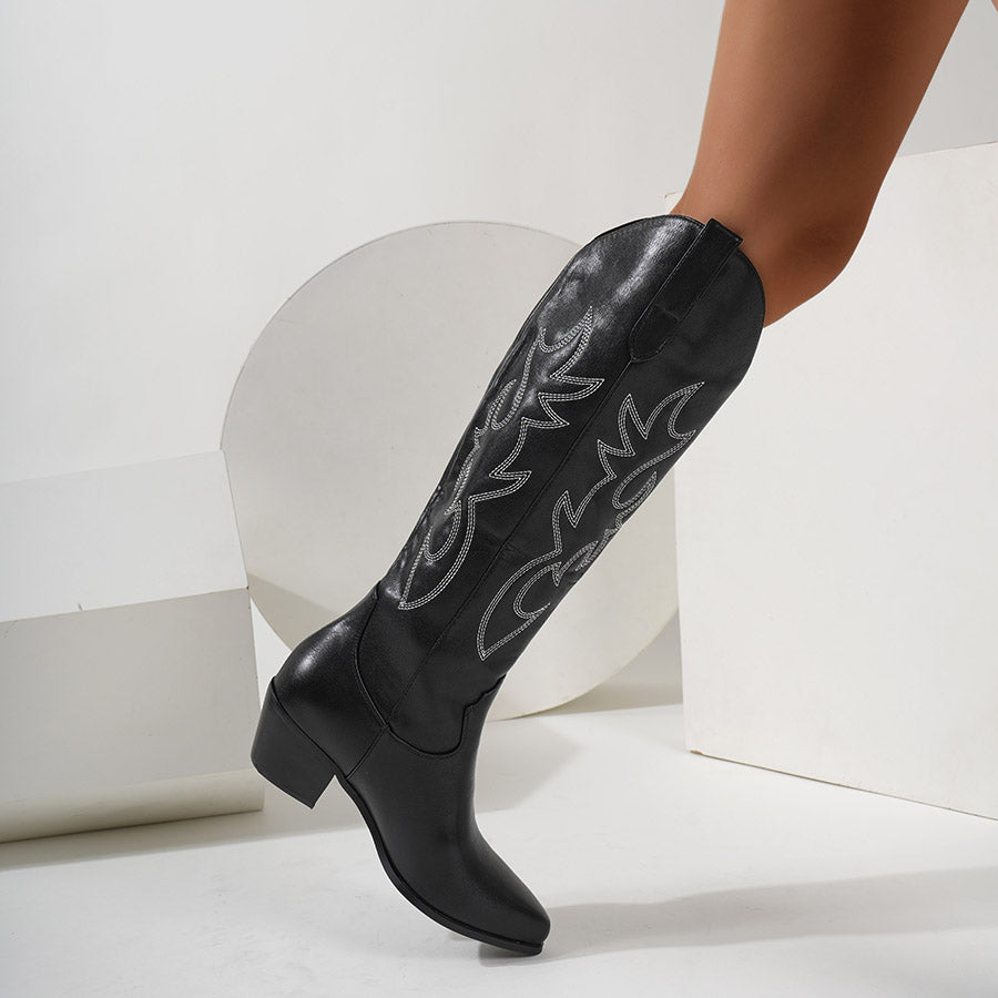 Women's Western Embroidery Pointed Toe Chunky Block Cowgirl Cowboy Knee High Boots