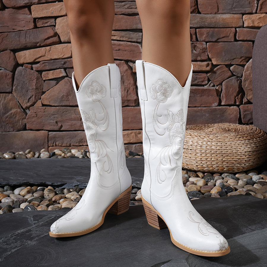 Floral Embroidered Cowboy Western Mid Calf Boots for Women