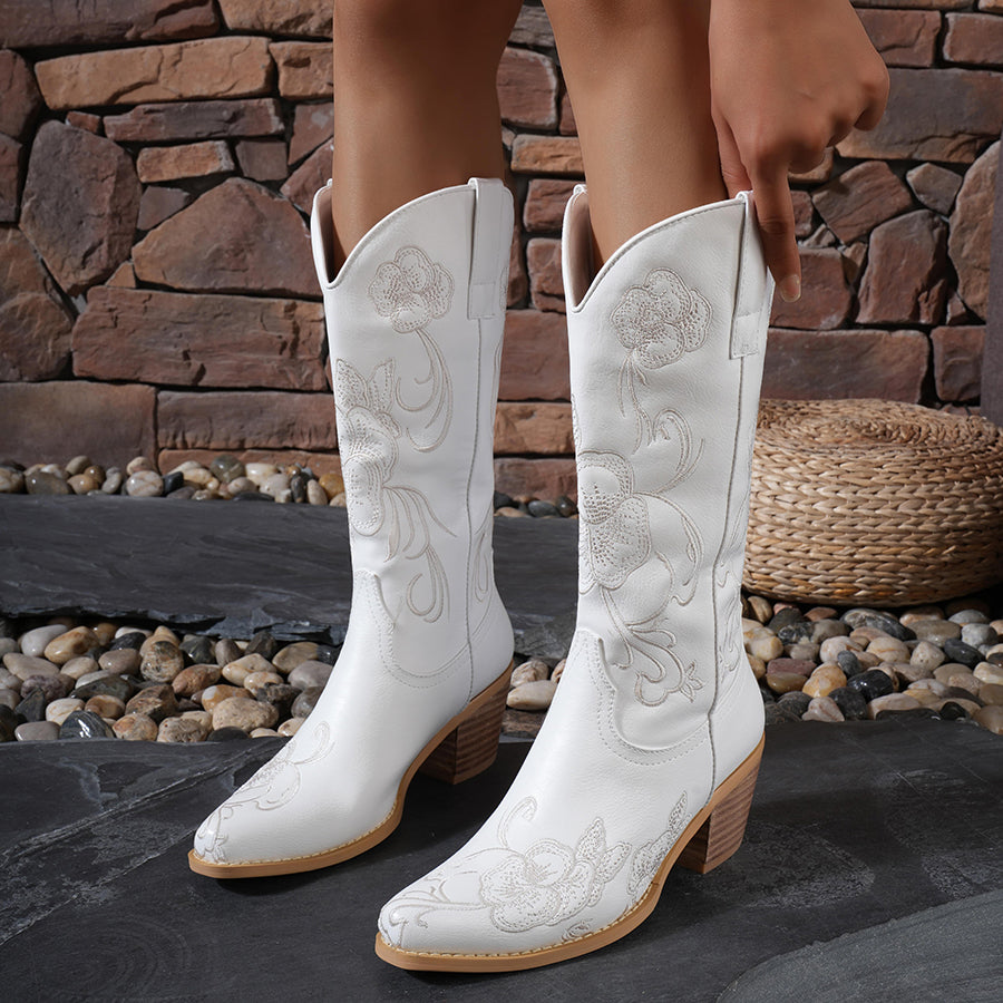 Floral Embroidered Cowboy Western Mid Calf Boots for Women