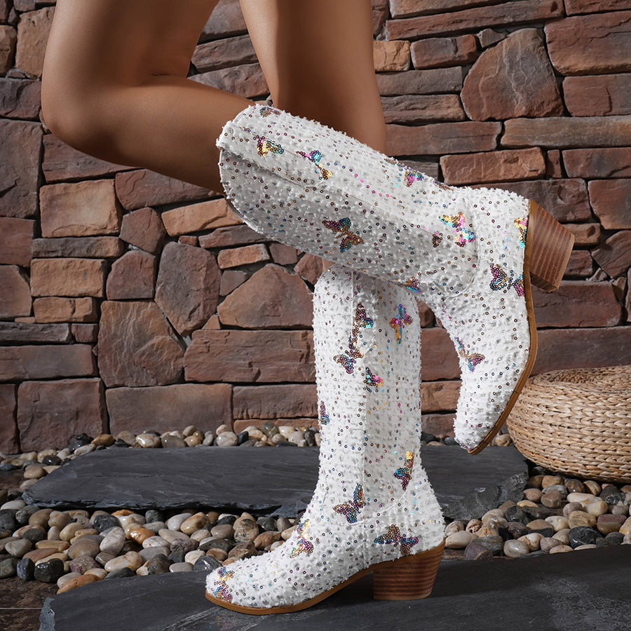 Western Shiny Sequin Denim Cowboy Mid Calf  Boots