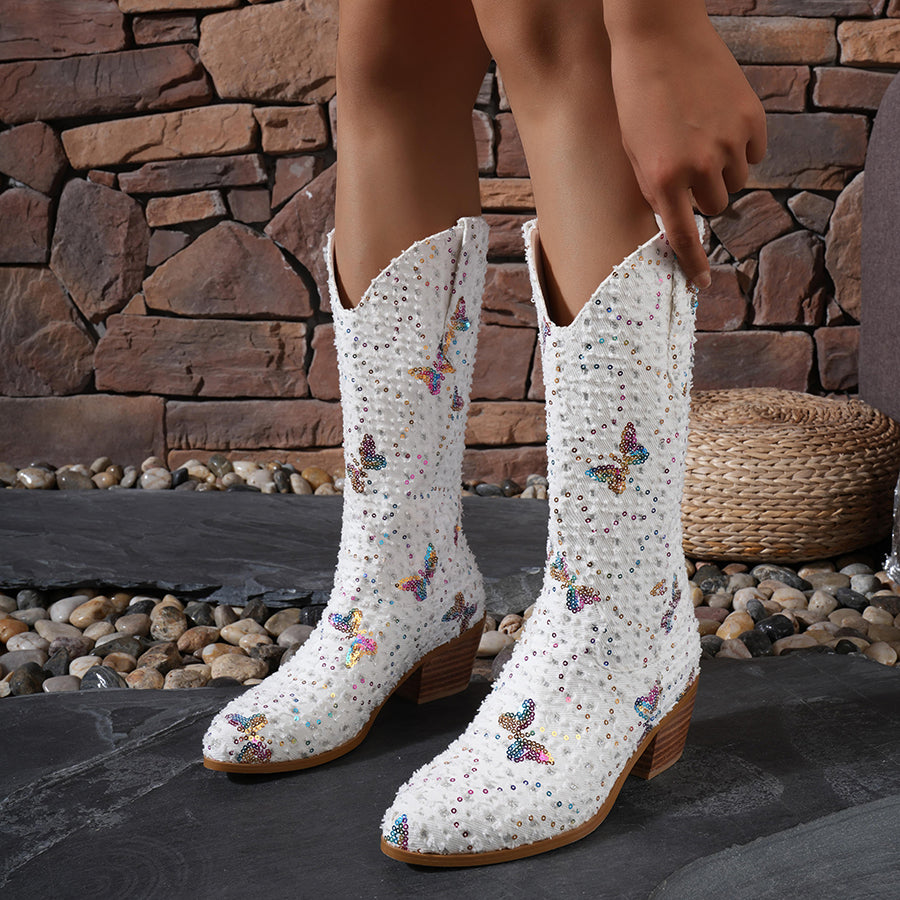 Western Shiny Sequin Denim Cowboy Mid Calf  Boots