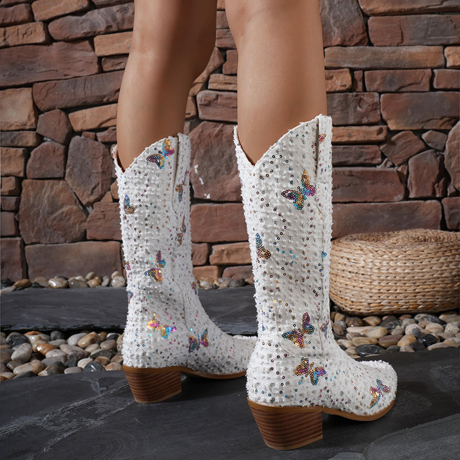 Western Shiny Sequin Denim Cowboy Mid Calf  Boots