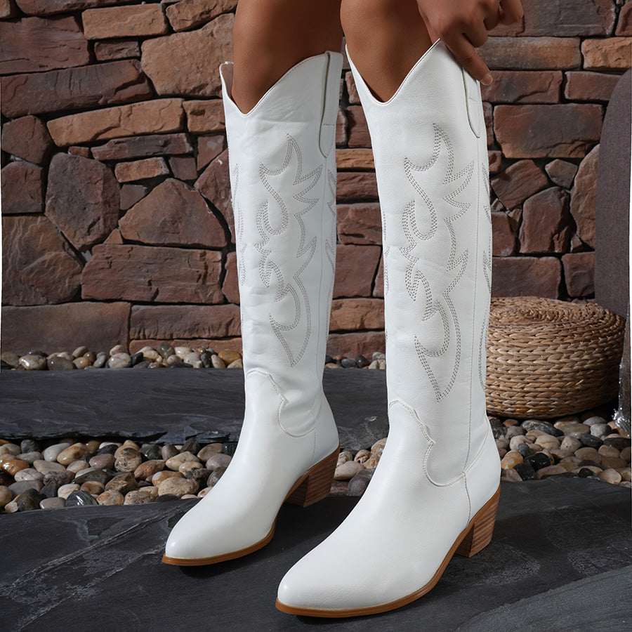 Women's Western Embroidery Pointed Toe Chunky Block Cowgirl Cowboy Knee High Boots