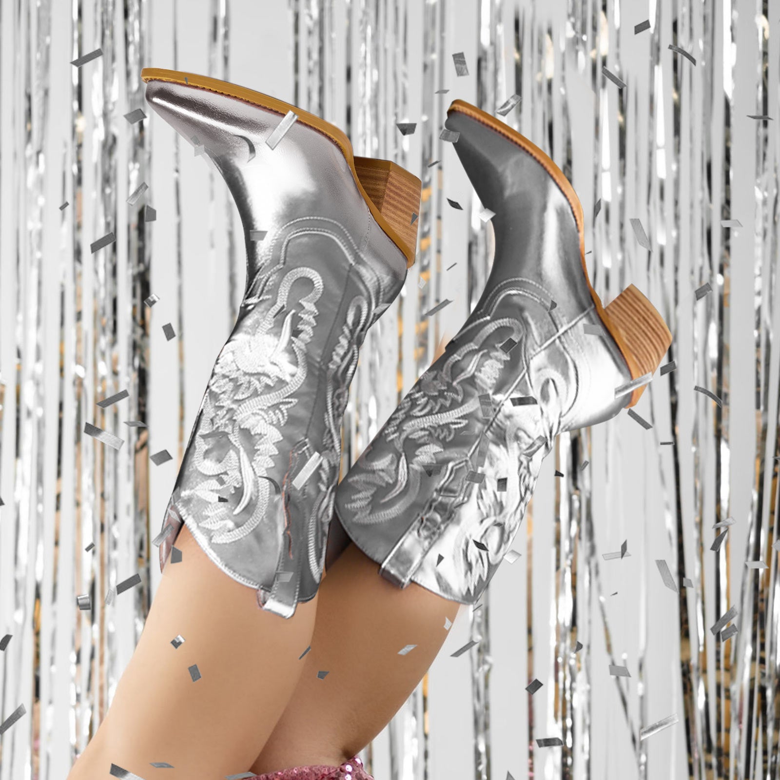 Western Embroidered Metallic Cowboy Mid Calf Boots