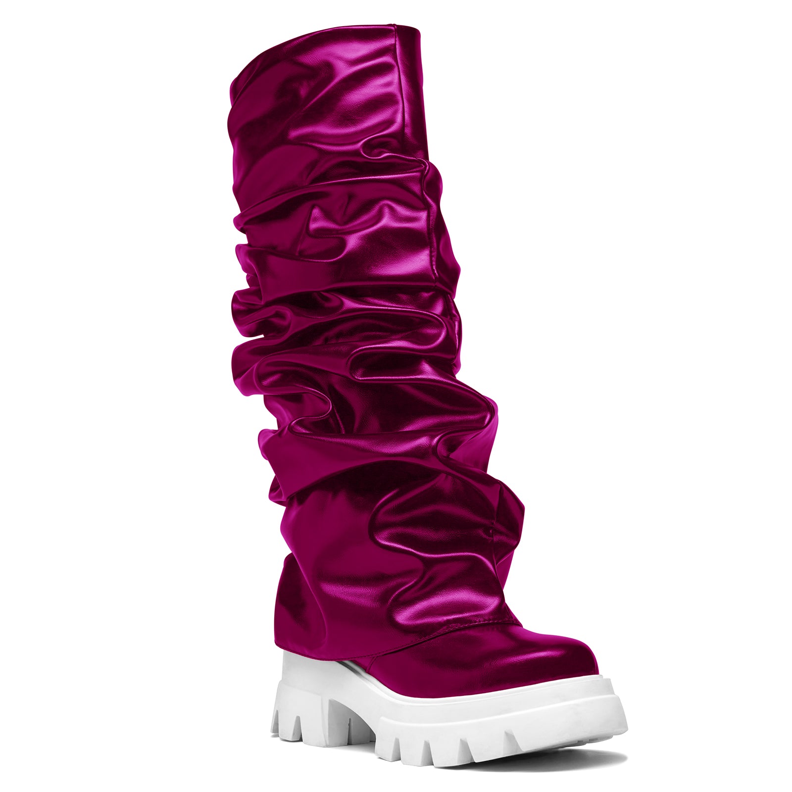 Women's Platform Round Toe Fold Over Boots Metallic Mid Calf Boots